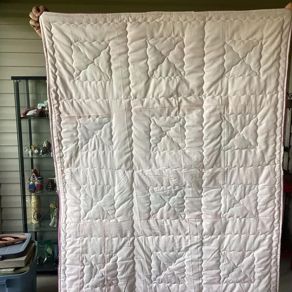 NWT. Hand Crafted Floral Patchwork Quilt with Pink and White Accents
